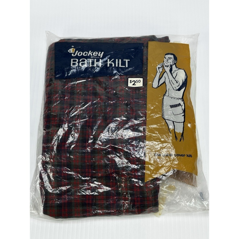 Vintage Jockey Bath Kilt Set Mens One Size Plaid Terry Wrap Robe Quick Cover 60s